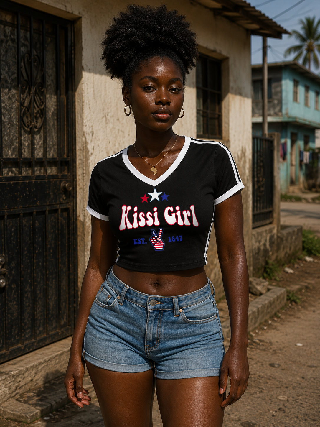 Kissi Girl Women's V-Neck Crop Tee